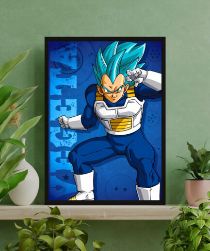 Vegeta Pride of Saiyan Prince framed poster on green interior - Framed artwork of Vegeta from Dragon Ball Z, showcasing his pride and strength as the Saiyan Prince in a green interior setting