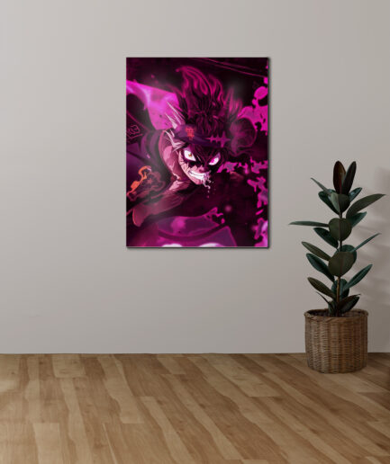 Asta Black Clover metal poster on white wall - Vibrant artwork of Asta displayed on a clean white wall, highlighting his determination and power