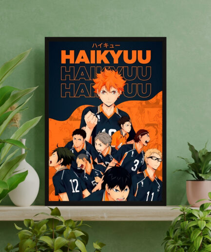 Soar to New Heights Haikyuu framed poster on green interior - Framed artwork of the Haikyuu team in action, depicting their determination and passion for volleyball in a dynamic green interior setting