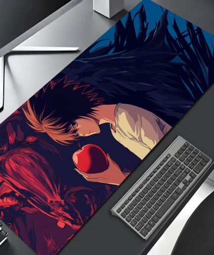 Death Note gaming mousepad on anime desktop setup - Featuring iconic Light Yagami and Ryuk design