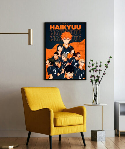 Soar to New Heights Haikyuu framed poster on wall - Framed poster of the Haikyuu team in action, mounted on a wall, exuding energy and athleticism