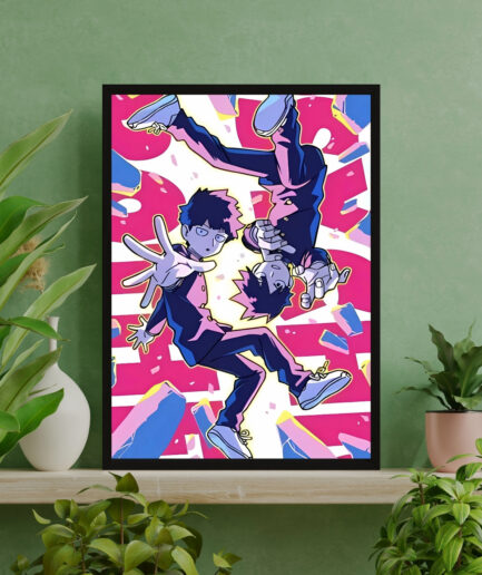 Psychic Power Awakens Mob Psycho framed poster on green interior - Framed artwork of Mob from Mob Psycho 100, showcasing his psychic power awakening in a vibrant green interior backdrop