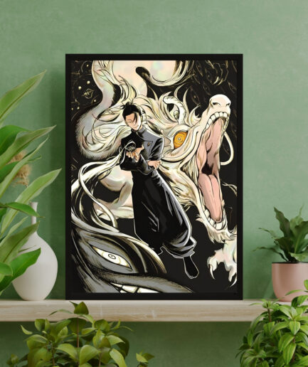 Suguru Geto Dark Ambition framed poster on green interior - Framed artwork of Suguru Geto from Jujutsu Kaisen, showcasing his dark ambition and powerful presence against a green interior backdrop