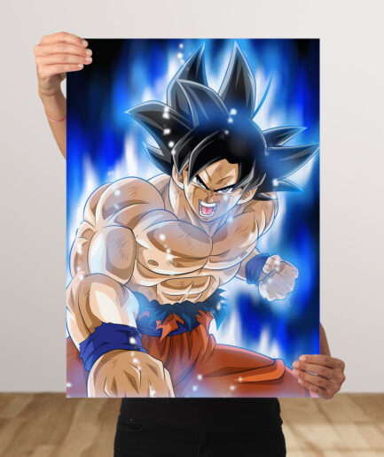 Goku Ultra Instinct metal poster - A powerful representation of Goku in his Ultra Instinct form, radiating divine energy