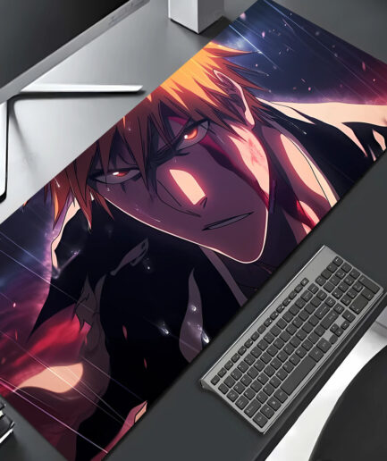 Ichigo Conquer Your Foes gaming mousepad on anime desktop setup - Bold Ichigo artwork