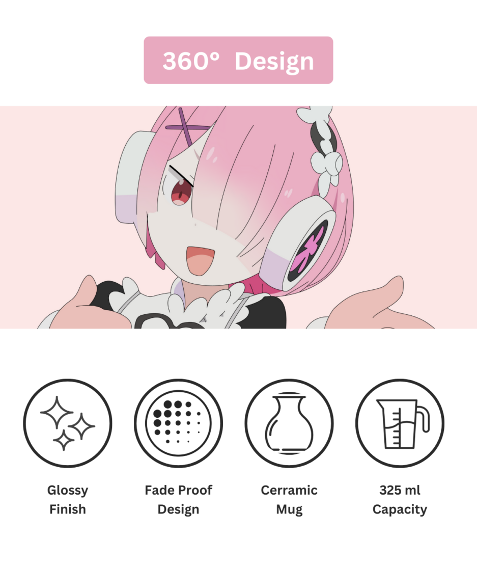 360 design view of ReZero Cute Ram white mug