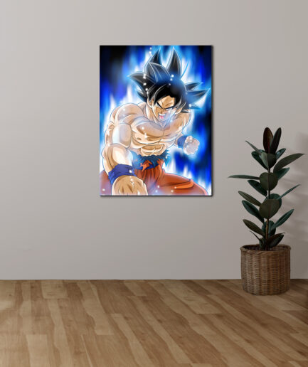 Goku Ultra Instinct metal poster on white wall - Displaying Goku's Ultra Instinct transformation on a clean white wall