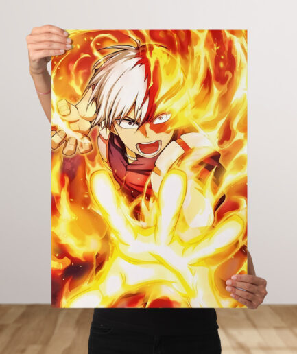 Shoto Todoroki metal poster - A striking design of Todoroki displaying his ice and fire powers in action