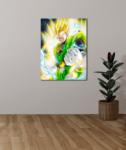 Gohan Super Saiyan 2 metal poster on white wall - Gohan’s intense Super Saiyan 2 transformation displayed on a clean white wall