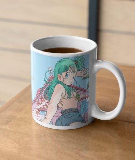 Bulma Dragon Ball white mug on table