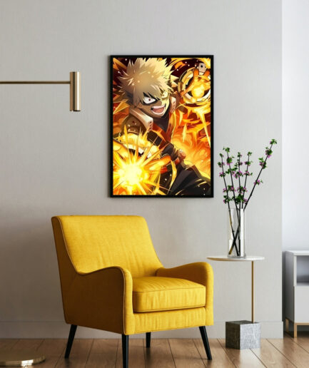 Explosive Bakugo Katsuki framed poster on wall - Framed poster of Bakugo Katsuki from My Hero Academia, mounted on a wall, showcasing his explosive energy