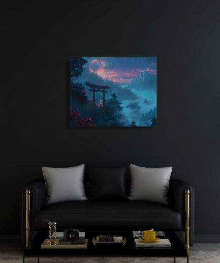 Anime Temple Steps canvas poster on black wall - Traditional temple steps with bold contrast and serene details