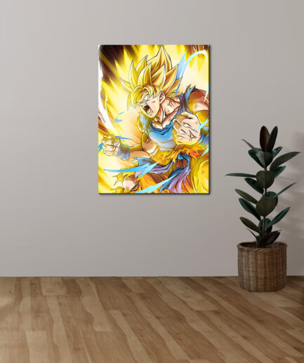 Goku Super Saiyan 2 metal poster on white wall - Striking artwork of Goku’s Super Saiyan 2 form displayed on a clean white wall