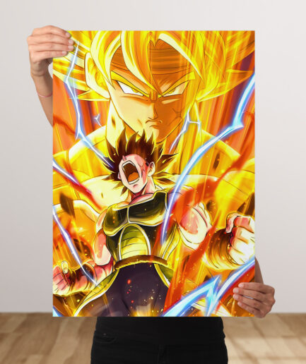 Bardock Super Saiyan metal poster - A striking metal artwork of Bardock unleashing his Super Saiyan form, radiating power and Saiyan pride