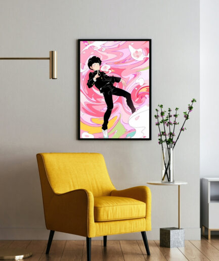 Unleash Psychic Energy Mob Psycho Pink framed poster on wall - Framed poster of Mob from Mob Psycho 100 displaying his psychic power, mounted on a wall