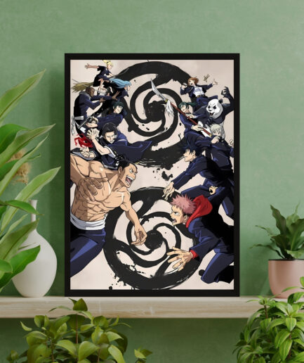 Jujutsu Showdown Battle framed poster on green interior - Framed poster featuring an epic battle scene from Jujutsu Kaisen, displayed against a green backdrop