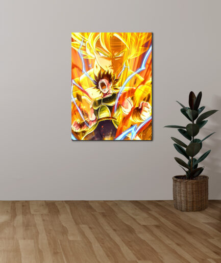 Bardock Super Saiyan metal poster on white wall - Bold artwork of Bardock in his Super Saiyan form, mounted on a clean white wall