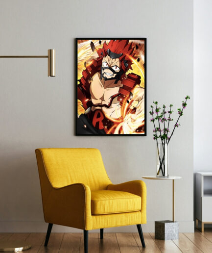 Kirishima Unbreakable Spirit framed poster on wall - Framed artwork of Kirishima from My Hero Academia, displayed on a wall, radiating heroism