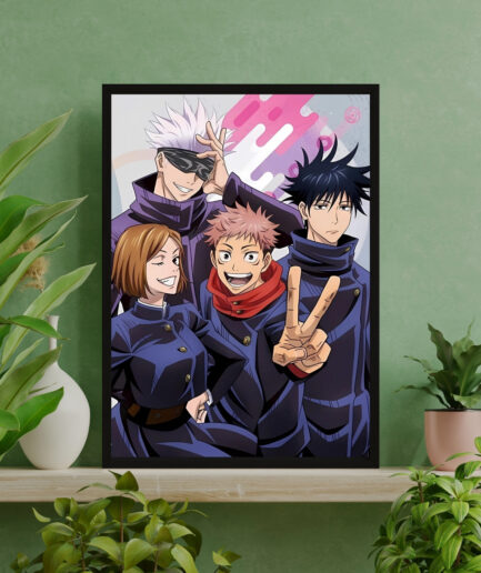 Jujutsu Sorcerers United framed poster on green interior - Framed poster featuring iconic Jujutsu Kaisen sorcerers displayed against a calming green backdrop