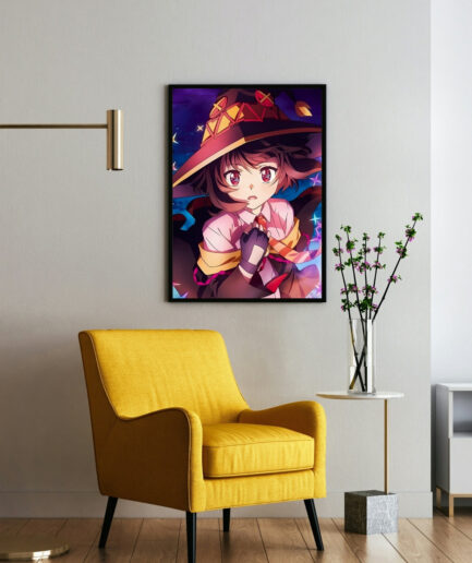 Megumi Explosion Konosuba framed poster on wall - Framed Megumi Explosion poster displayed on a wall, enhancing the dynamic magic of the scene