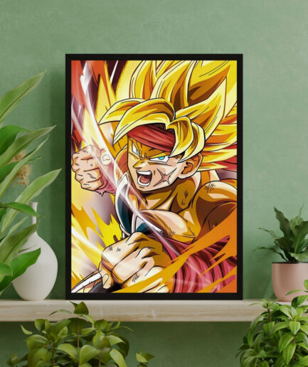 Bardock Super Saiyan framed poster on green interior - Super Saiyan Bardock displayed against a peaceful green backdrop, creating a powerful yet serene visual