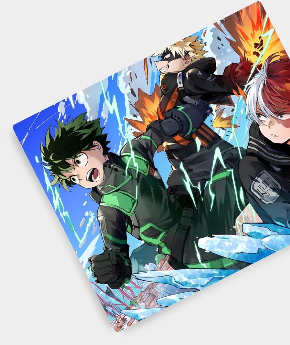 Hero Trio My Hero Academia square mousepad aesthetic setup - Desk with the dynamic trio of Deku, Bakugo, and Todoroki