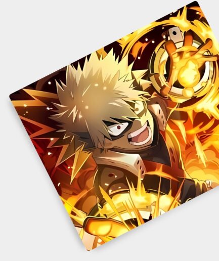 Explosive Hero Bakugo square mousepad aesthetic setup - Desk with vibrant, anime-inspired Bakugo theme