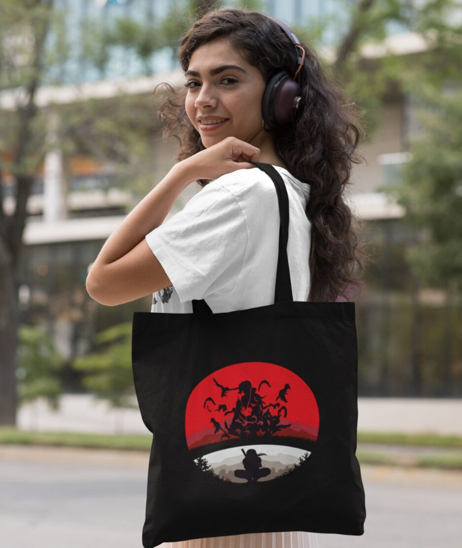 Woman Carrying Uchiha Clan Black Totebag – Naruto Design