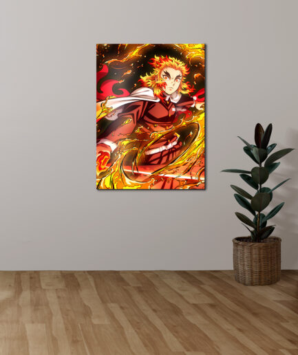 Kyojuro Rengoku Flame Hashira metal poster on white wall - Vibrant artwork of Rengoku displayed on a clean white wall, highlighting his fiery aura