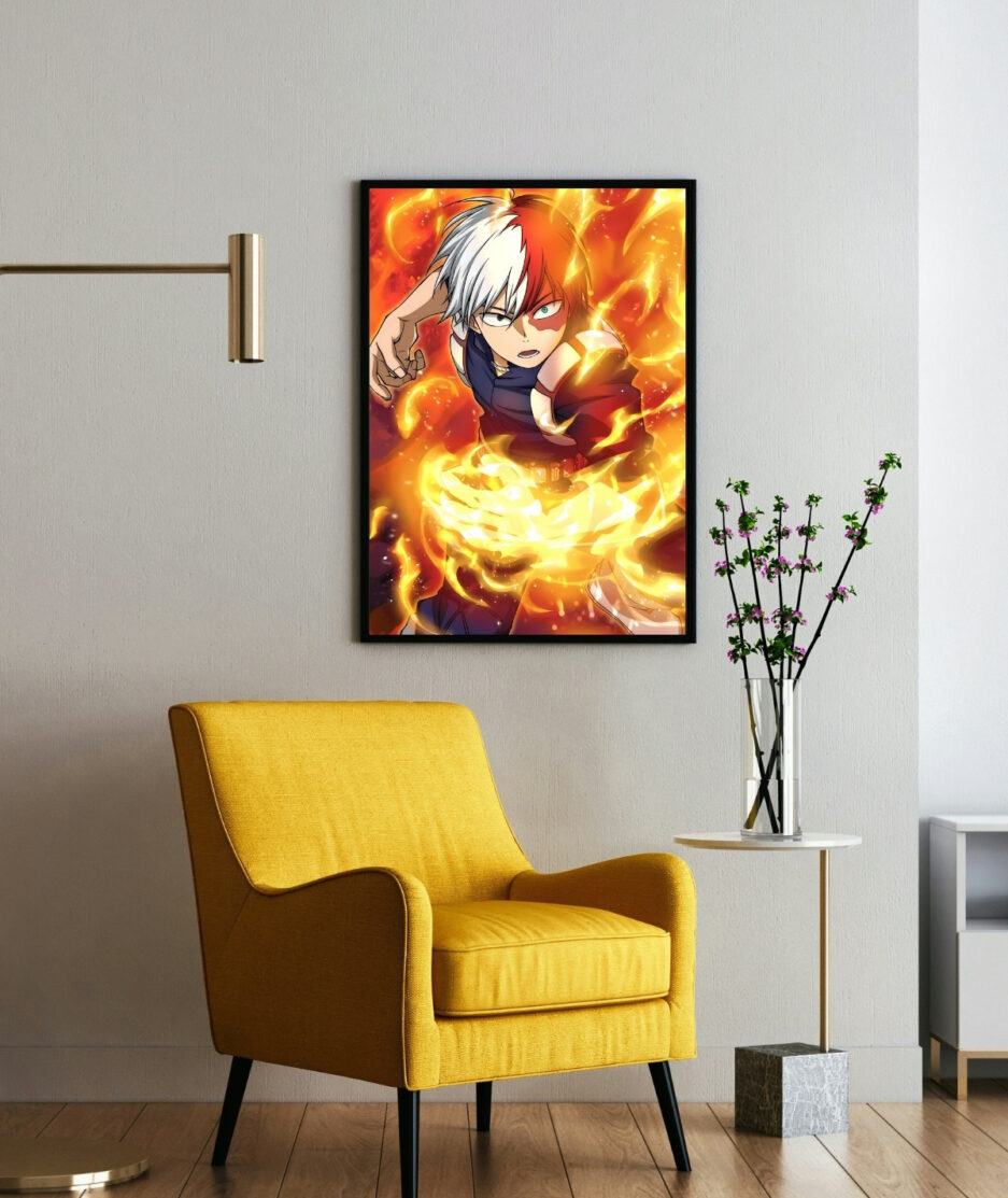 Shoto Todoroki Unleashed framed poster on wall - Framed poster of Shoto Todoroki from My Hero Academia, showcasing his intense fire and ice powers mounted on a wall