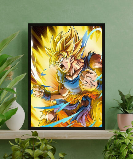 Goku Ascent Beyond Limits framed poster on green interior - Framed artwork of Goku from Dragon Ball, showcasing his powerful ascent beyond his limits with a dynamic green interior backdrop