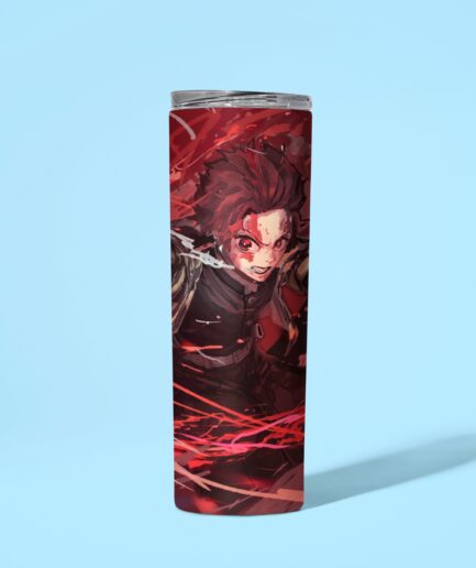 Tanjiro Kamado Metal Tumbler on a table with anime-themed decor.