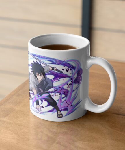 Sasuke Uchiha purple flames white mug on table