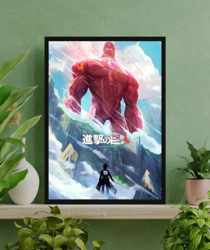 Colossal Titan Rises Attack on Titan framed poster on green interior - Framed artwork featuring the Colossal Titan from Attack on Titan, rising in all its terrifying grandeur against a green interior backdrop