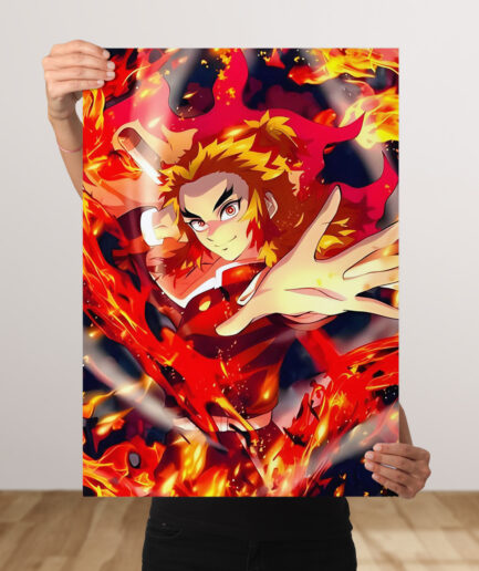 Kyojuro Rengoku metal poster - Featuring the Flame Hashira in an action-packed pose, showcasing his fiery power