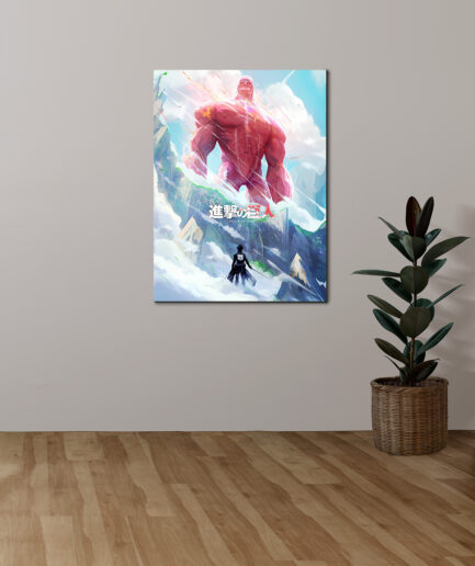 Attack on Titan metal poster on white wall - Iconic Attack on Titan artwork displayed on a clean white wall, adding an epic touch to the room