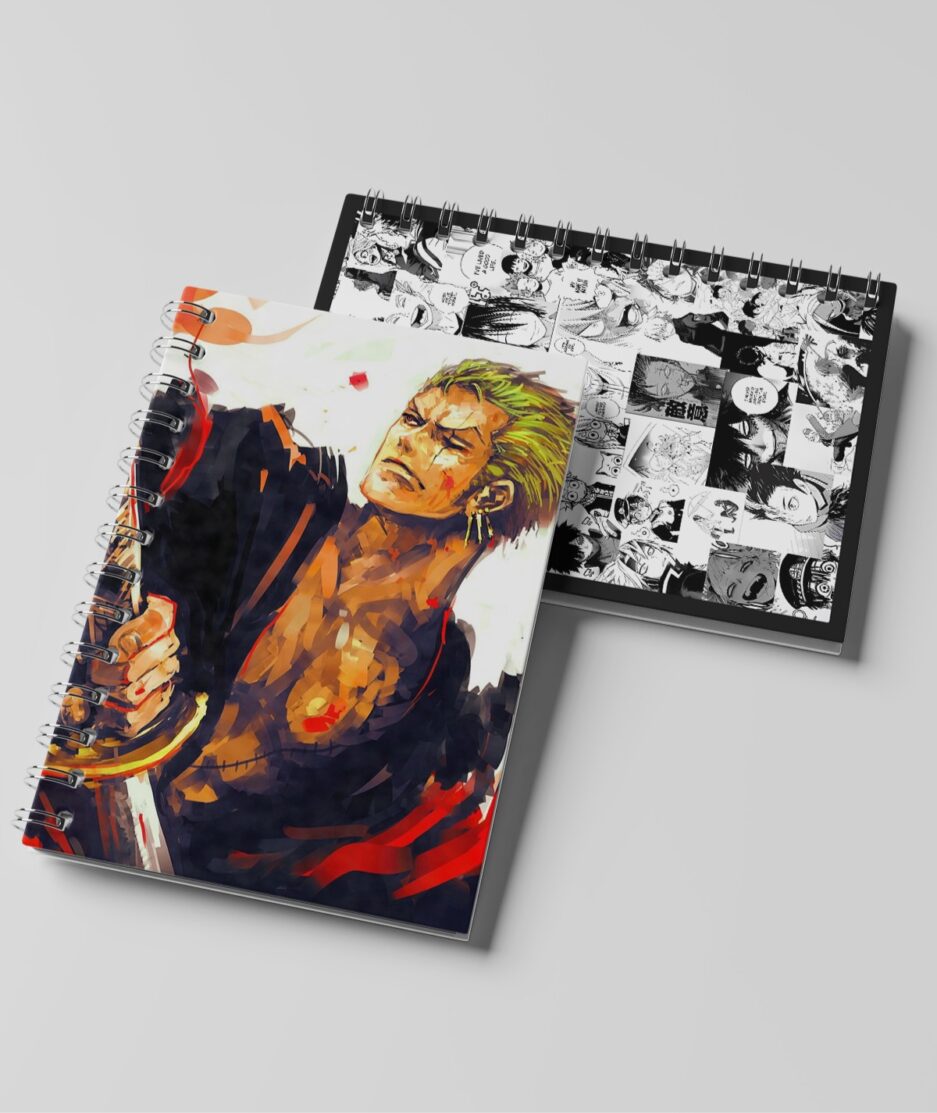 Front and back view of Zoro’s Fierce Warrior Sketchbook, One Piece artwork