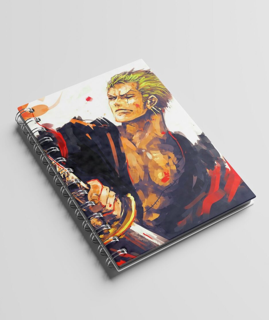 Aesthetic front view of Zoro’s Fierce Warrior Sketchbook with One Piece design