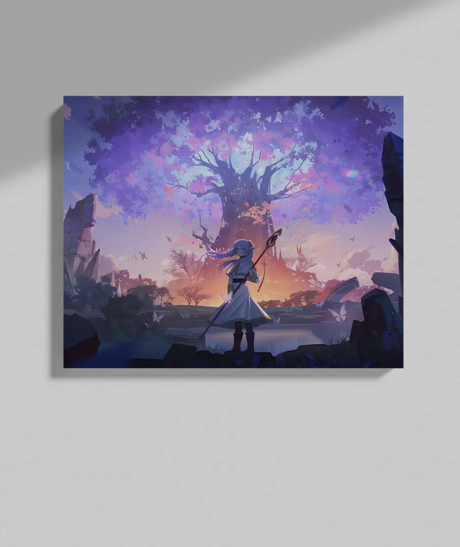 Frieren Epic Journey canvas poster on grey wall - Serene magical adventure with a modern backdrop