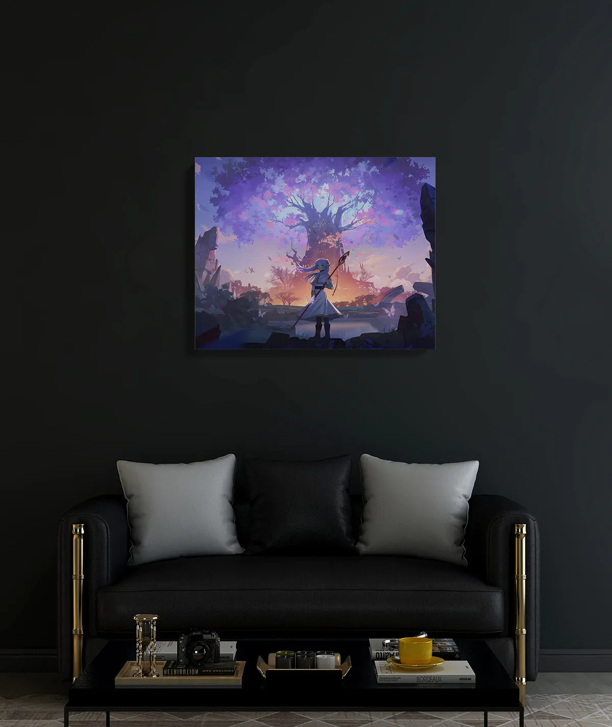 Frieren Epic Journey Canvas Poster on Black Wall Frieren Epic Journey canvas poster on black wall - Magical journey scene with bold contrast highlighting the adventure
