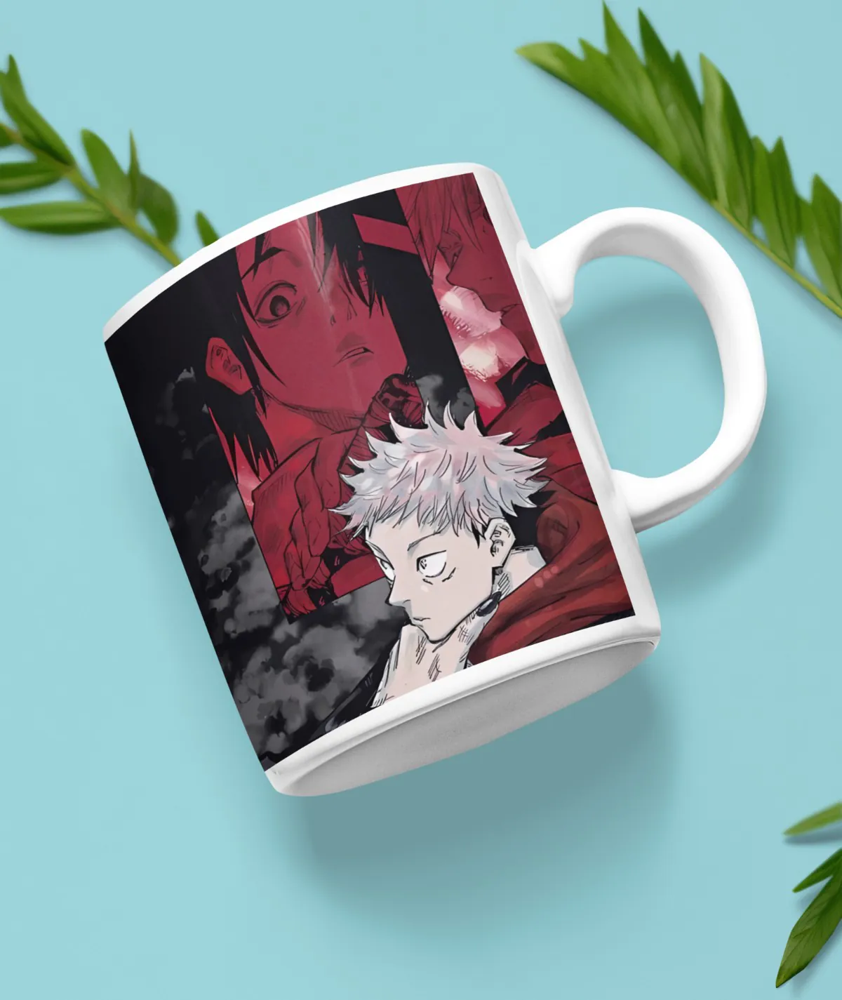 Sukuna and Itadori White Mug – Front View Front view of Sukuna and Itadori white mug