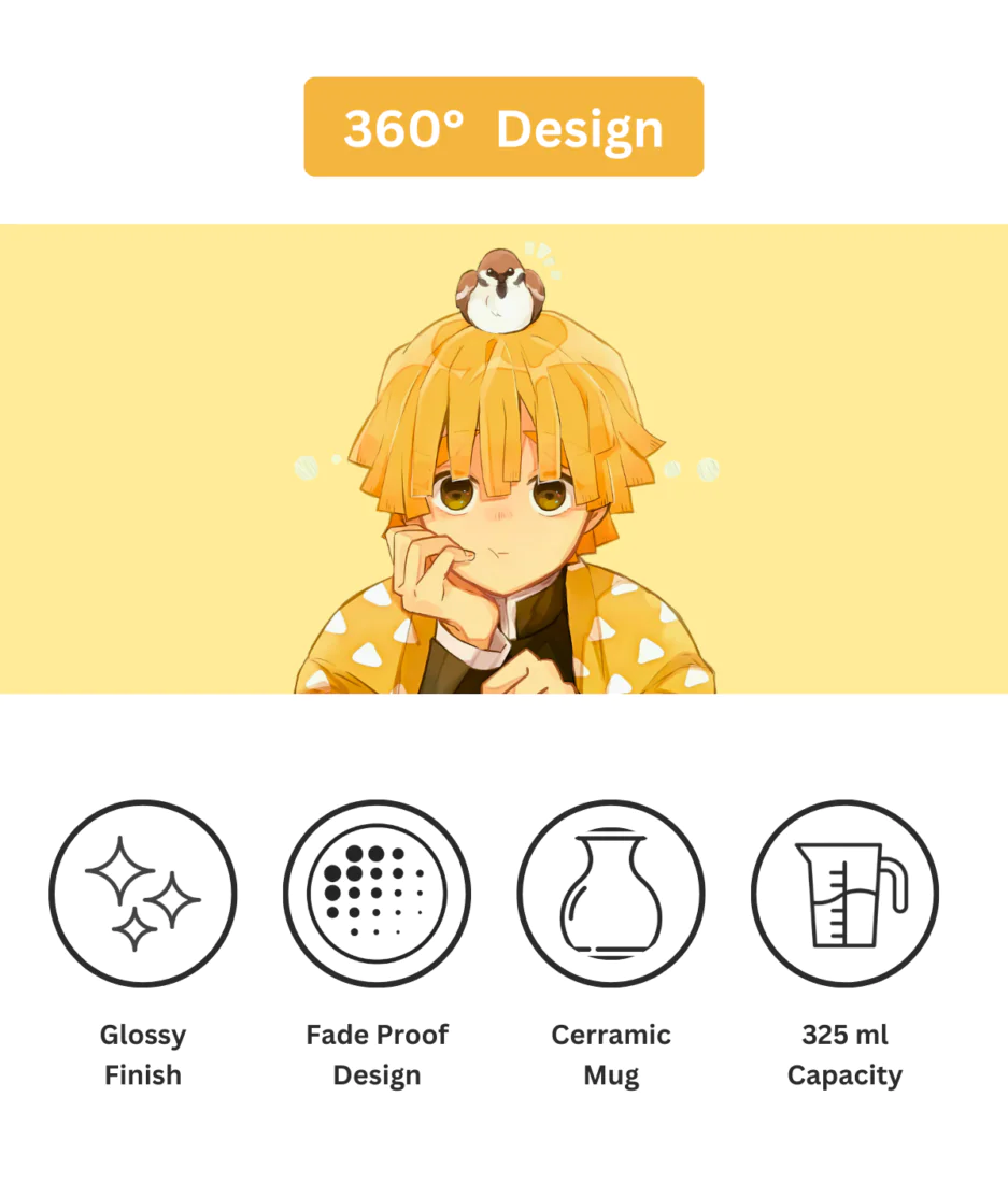 360 design view of Zenitsu Agatsuma Demon Slayer white mug