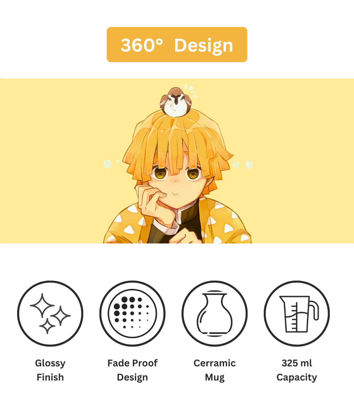 360 design view of Zenitsu Agatsuma Demon Slayer white mug