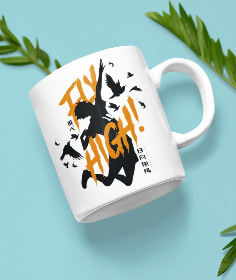Front view of Haikyuu Fly High white mug