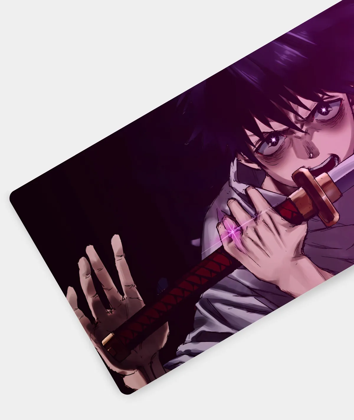 Yuta Purple Sword Flames Jujutsu Kaisen Gaming Mousepad - Left View Yuta Purple Sword Flames Jujutsu Kaisen gaming mousepad left view - Vibrant anime artwork and smooth edges