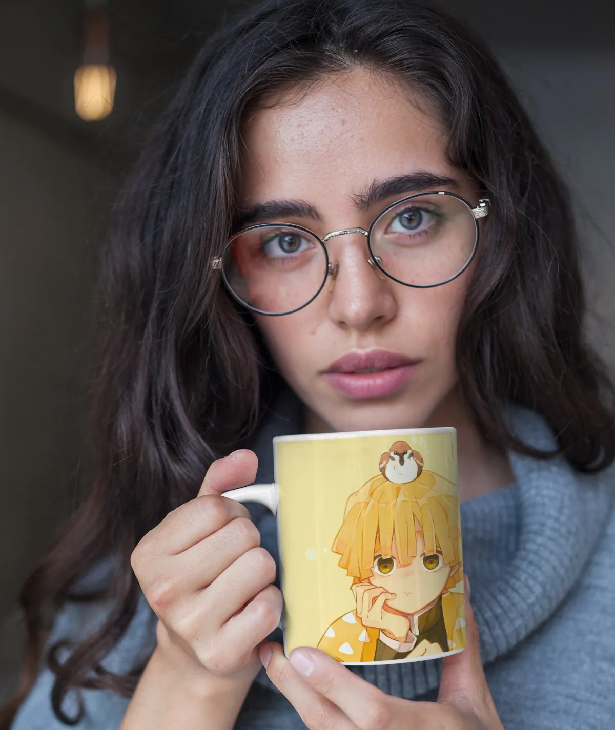 Woman holding Zenitsu Agatsuma Demon Slayer white mug