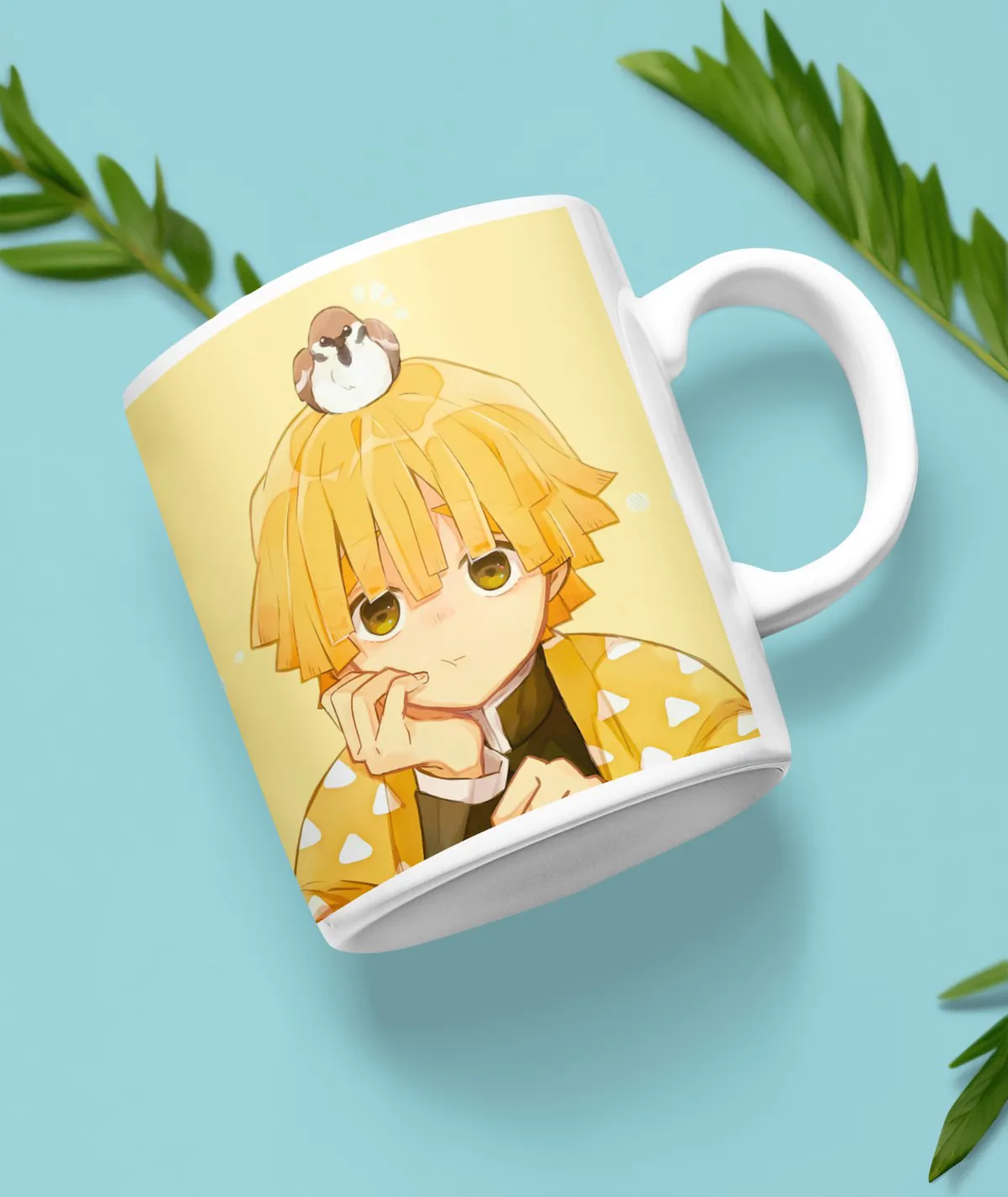 Front view of Zenitsu Agatsuma Demon Slayer white mug
