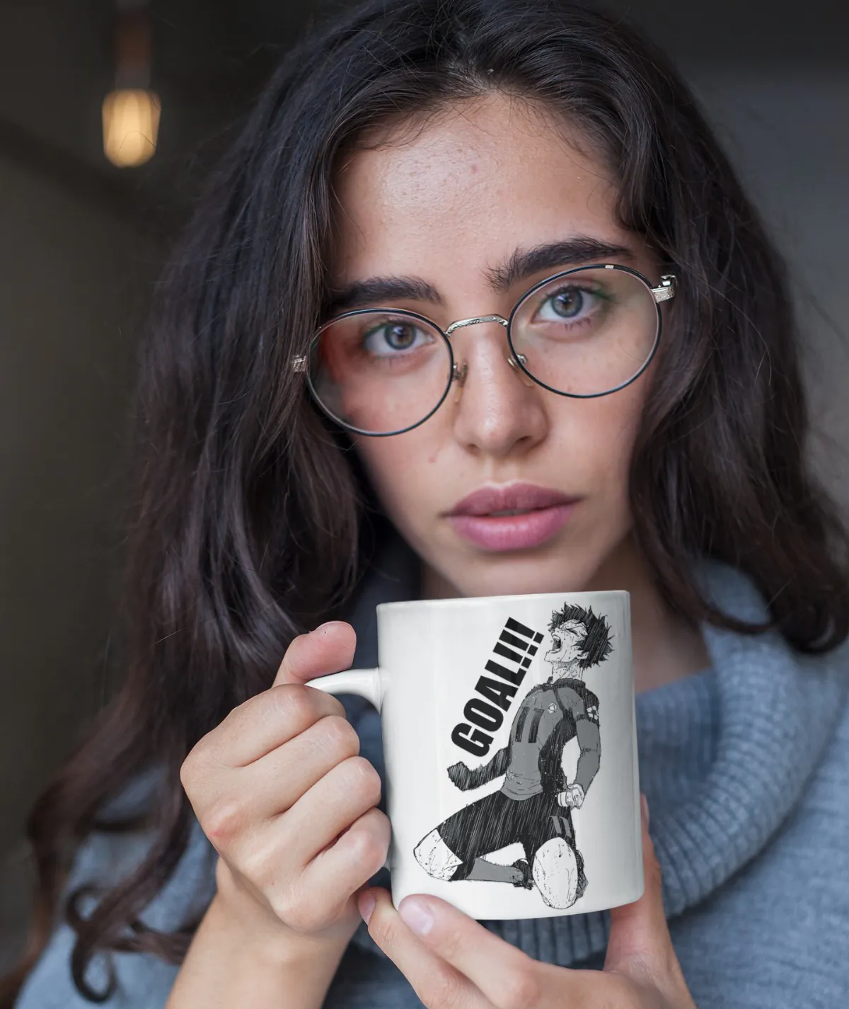 Isagi Yoichi Goal White Mug – In Hand View Woman holding Isagi Yoichi Goal white mug