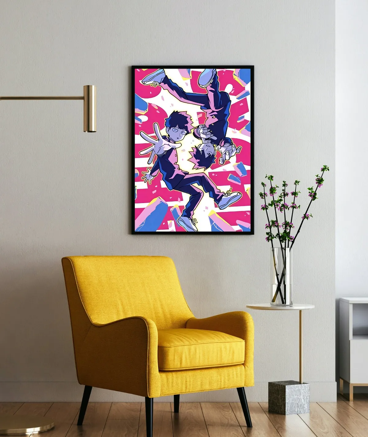 Psychic Power Awakens Mob Psycho framed poster on wall - Framed poster of Mob from Mob Psycho 100, mounted on a wall, capturing his powerful psychic awakening