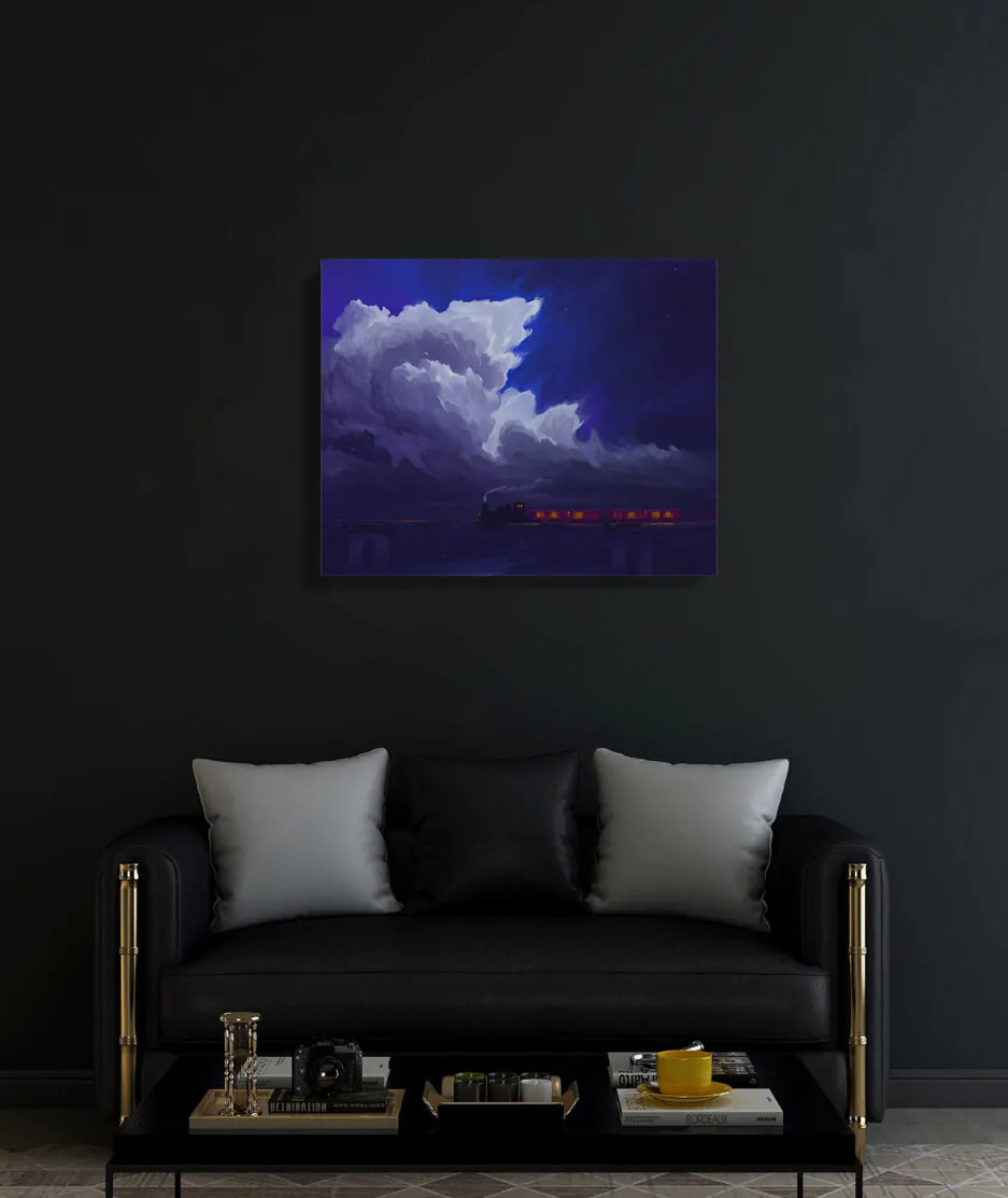 Dreamscape canvas poster on black wall - Surreal artwork with dramatic contrast and glowing details